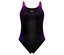 Maillot de bain femme arena Feel noir avec bretelles rose fuchsia et empiècements latéraux à rayures violettes, avec le logo arena sur la poitrine.