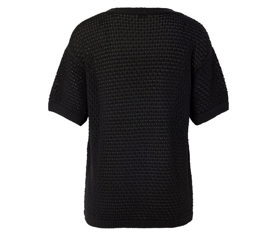 Vue arrière d'un pull tricoté noir à manches courtes.