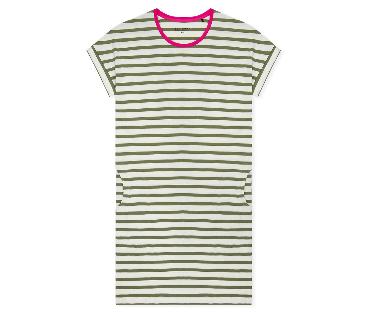 Chemise de nuit SCHIESSER, blanche à rayures vert olive, avec un col rond rose, des manches courtes et deux poches latérales.