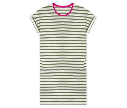 Chemise de nuit SCHIESSER, blanche à rayures vert olive, avec un col rond rose, des manches courtes et deux poches latérales.