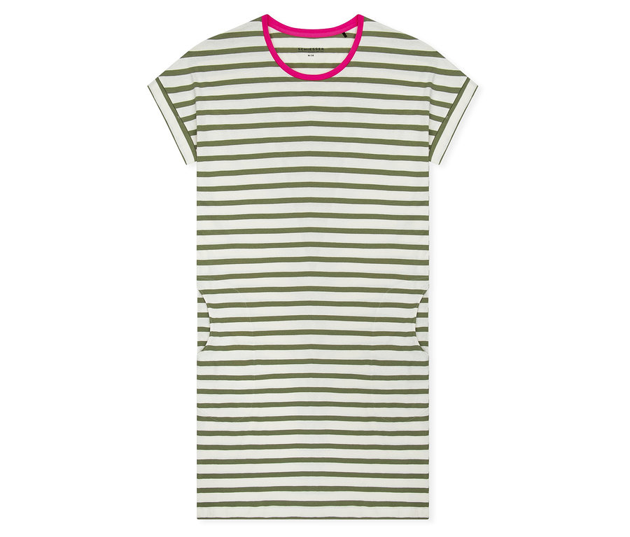 Chemise de nuit SCHIESSER, blanche à rayures vert olive, avec un col rond rose, des manches courtes et deux poches latérales.
