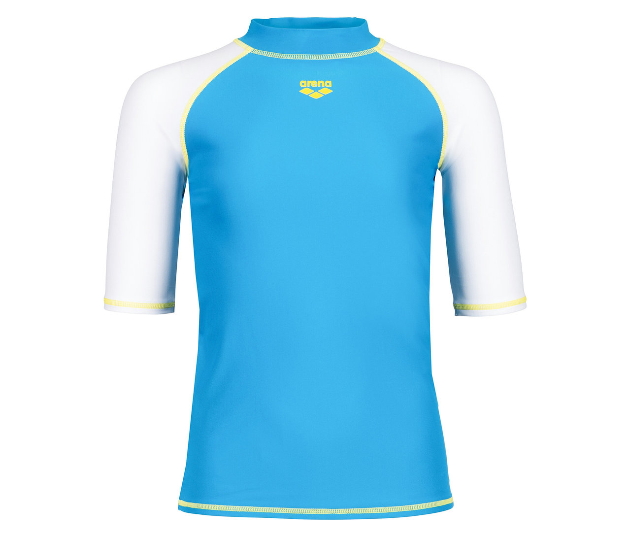 T-shirt Arena bleu avec manches blanches et détails jaunes.