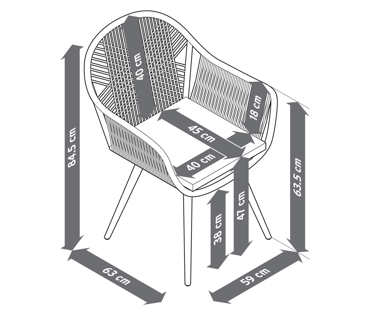 Représentation schématique détaillée d'une chaise de jardin avec tressage croisé en textile, incluant les mesures.
