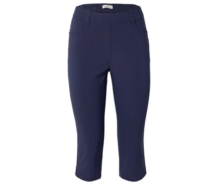 Pantalon Capri bleu marine avec taille élastique et deux poches.