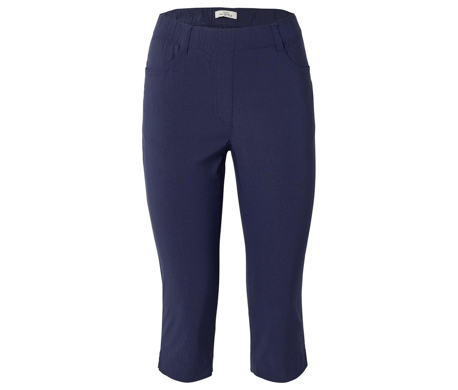 Pantalon Capri bleu marine avec taille élastique et deux poches.