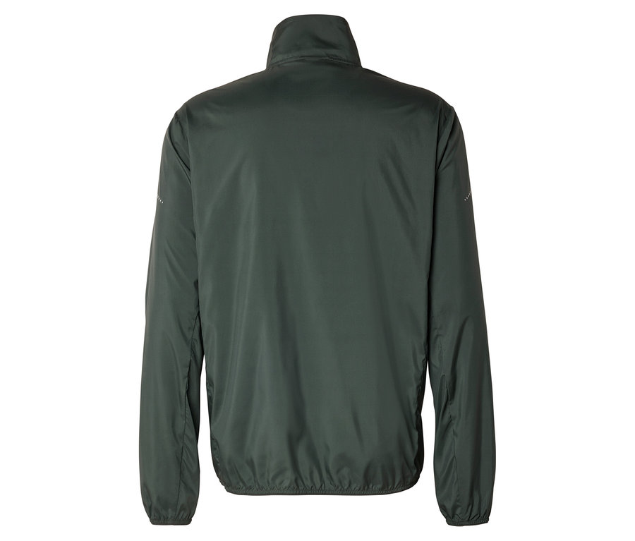 Vue arrière d'une veste vert foncé à col montant sur fond blanc.