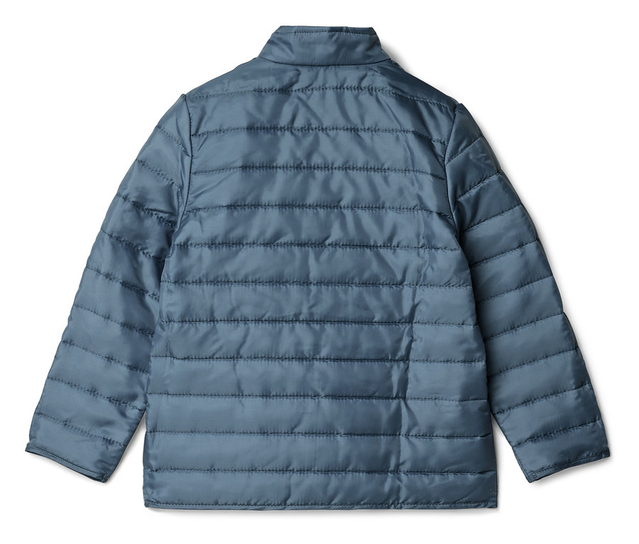 Vue arrière d'une veste matelassée bleu-gris avec un col et des manches longues.