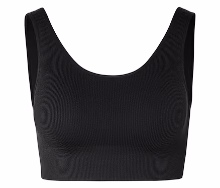 Haut de sport noir côtelé avec larges bretelles et décolleté plongeant.