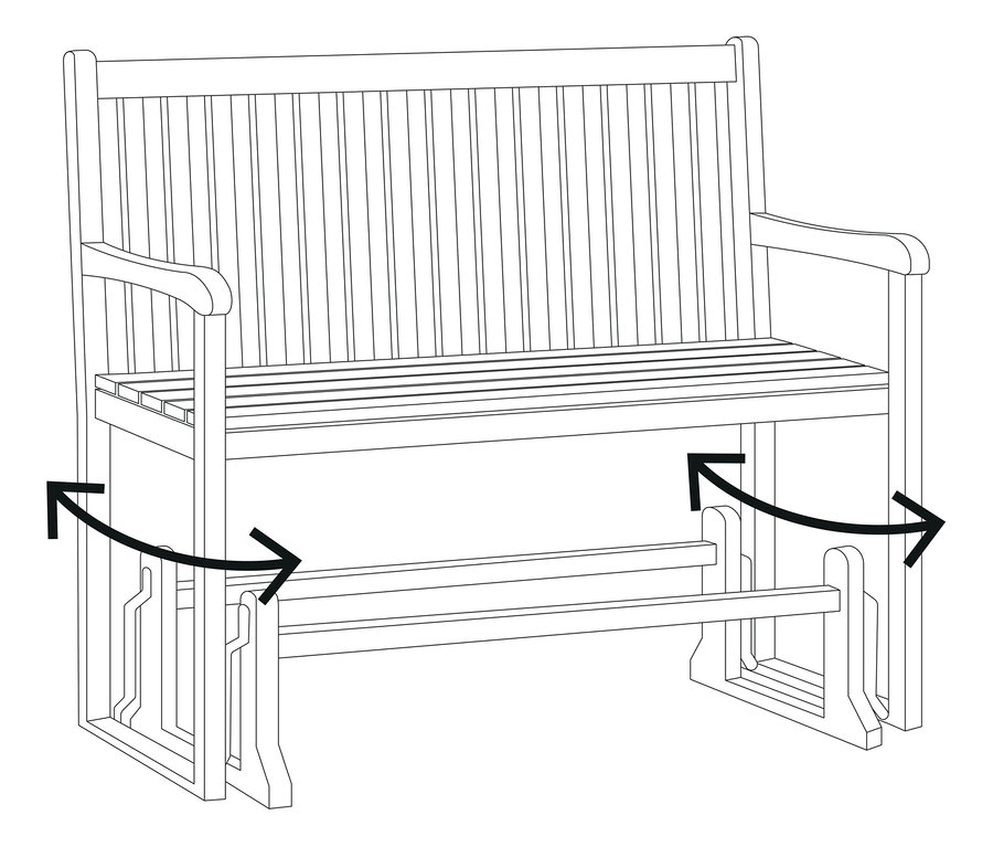 Schéma d'un banc de jardin avec un mouvement de balancier indiqué par des flèches.