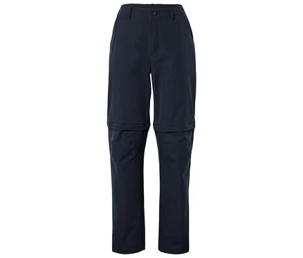Pantalon bleu marine zippé sur fond blanc.