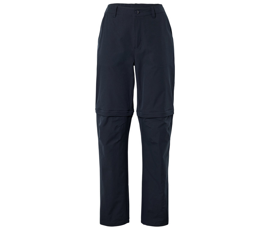 Pantalon bleu marine zippé sur fond blanc.
