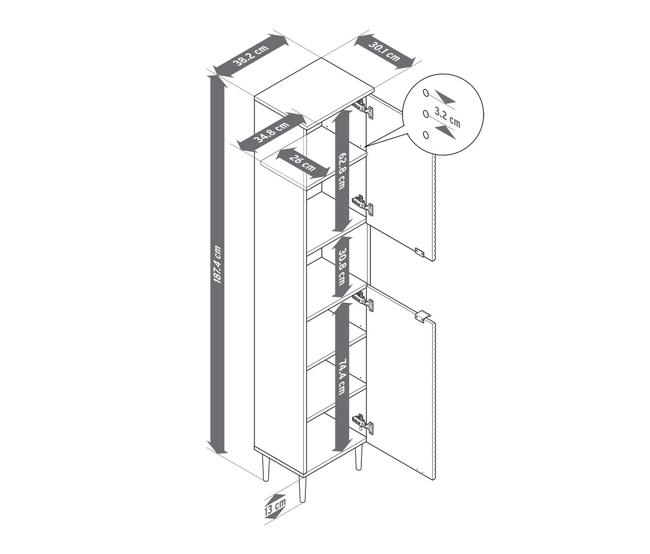 Dessin d'une armoire haute de salle de bains « SONARI » avec portes et dimensions.