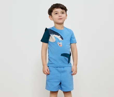 Un garçon porte un t-shirt bleu clair avec un motif de requin et un short assorti.