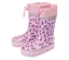 Une paire de bottes de pluie roses pour enfants avec un motif léopard violet.