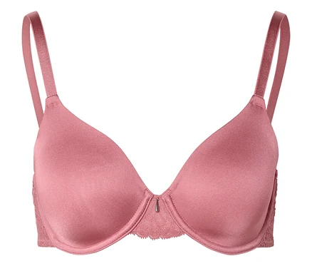 Soutien-gorge rose avec bretelles réglables et dentelle sur les côtés.