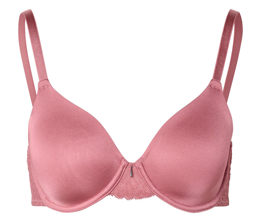 Soutien-gorge rose avec bretelles réglables et dentelle sur les côtés.