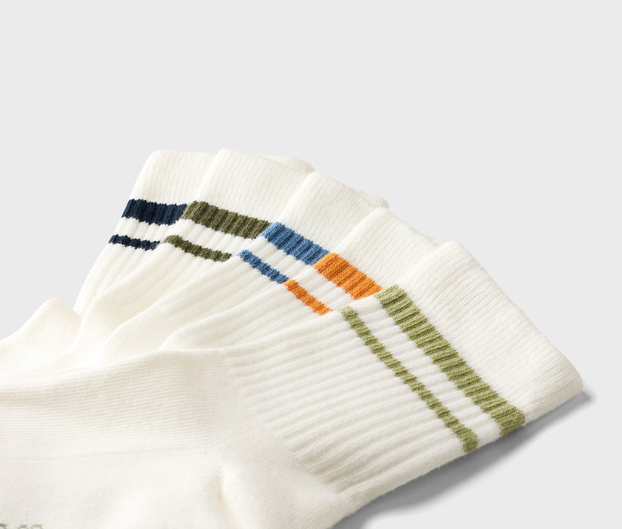 Gros plan de chaussettes blanches pliées avec des rayures colorées au niveau de la cheville.