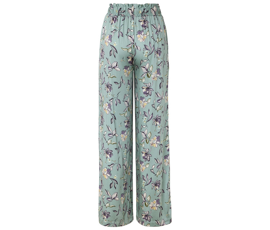 Pantalon large bleu clair à motifs floraux, vue de dos.