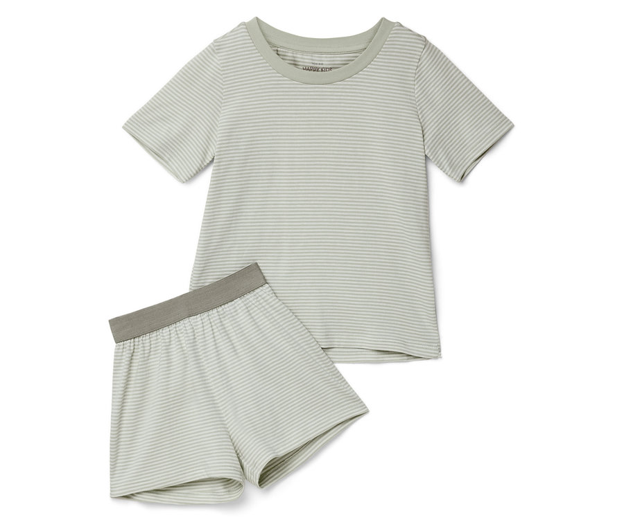 Ensemble de pyjama rayé à manches courtes vert clair, composé d'un haut et d'un short.