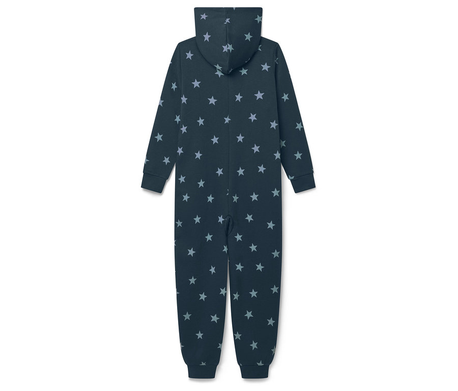 Pyjama combinaison bleu marine à capuche avec motif étoiles, vue de dos.