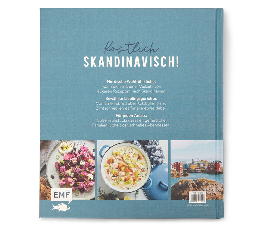 Le livre de cuisine "Köstlich Skandinavisch !" présente sur sa couverture trois photos de plats et une ville côtière.