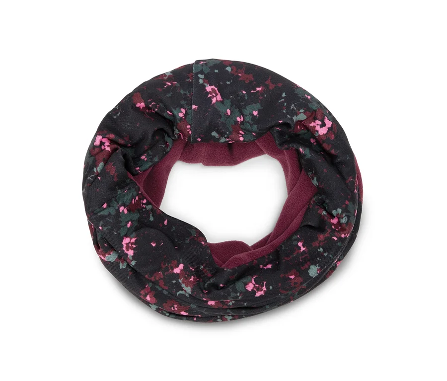 Cache-cou noir à motif floral rose, vert et bordeaux, avec intérieur en polaire bordeaux.