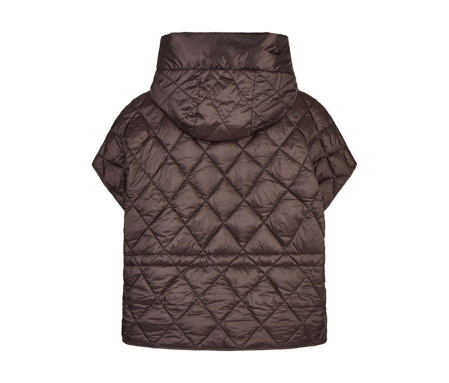 Gilet matelassé marron foncé avec motif losanges et col montant, vue de dos.