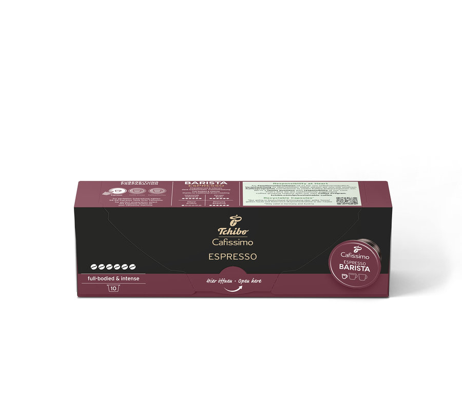 Un paquet de 10 capsules de Cafissimo BARISTA Espresso. L'emballage est marron foncé avec une partie centrale noire et l'inscription Cafissimo ESPRESSO.