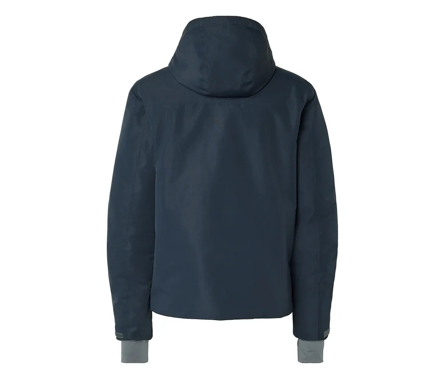 Veste bleu foncé vue de dos, avec une capuche et des manches longues à poignets gris.