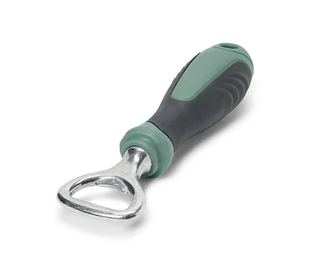Décapsuleur argenté avec manche vert-gris.