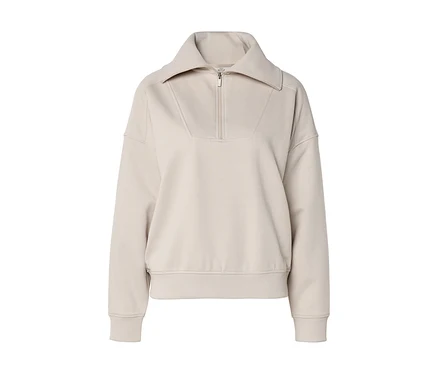 Sweat-shirt beige clair à manches longues avec un large col et une fermeture éclair courte sur le devant, doté de poignets et d'un ourlet côtelés.