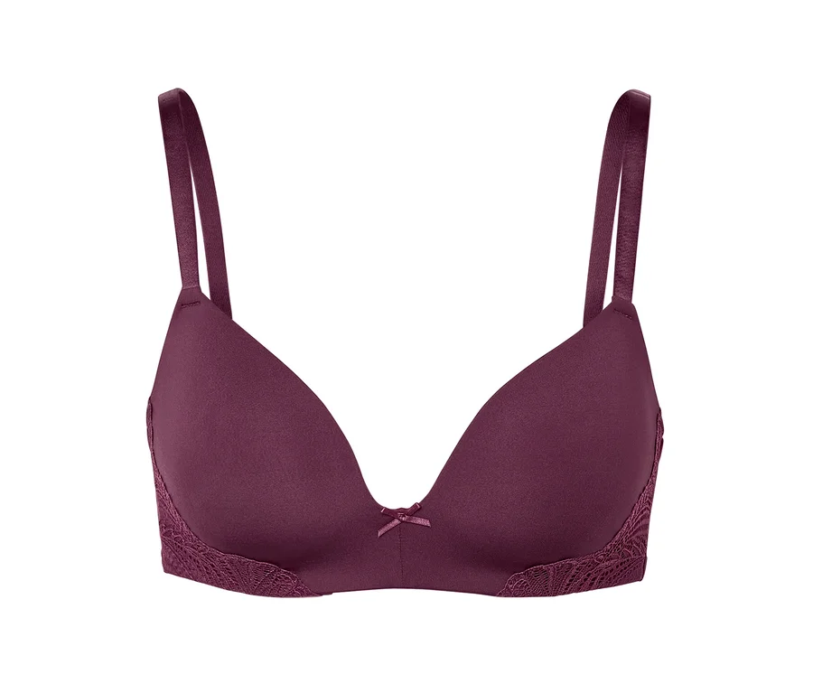 Soutien-gorge violet avec dentelle et un nœud au centre.