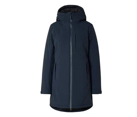 Longue veste bleu marine foncé avec capuche, fermeture éclair intégrale, une poche poitrine verticale et deux poches latérales.