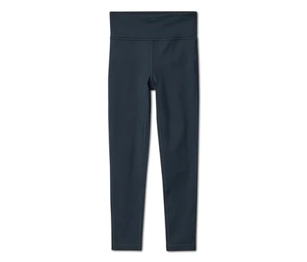 Legging taille haute bleu foncé, posé à plat sur un fond blanc.