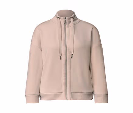 Veste de survêtement Street One rose clair avec col montant, fermeture éclair et bords-côtes.