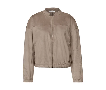 Une veste Street One marron clair en faux daim, avec un col montant, une fermeture éclair et des poignets élastiques.