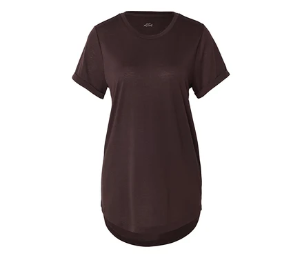 T-shirt de sport marron à manches courtes retroussées et ourlet arrondi.