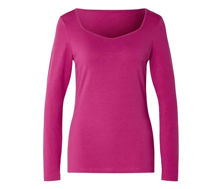 T-shirt rose à manches longues avec encolure en V, posé sur un fond blanc.
