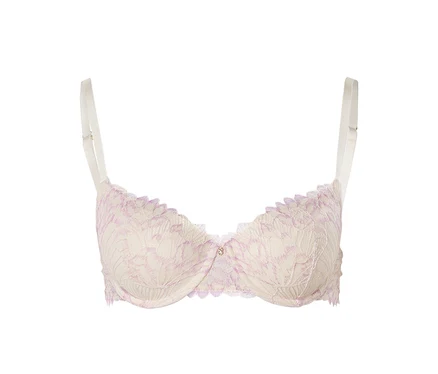 Soutien-gorge couleur ivoire avec dentelle lavande et bretelles réglables.