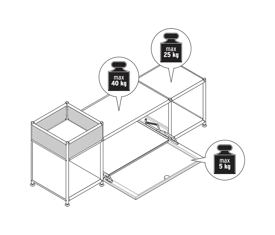 Dessin au trait d'un meuble bas en métal modulaire CN3 avec un compartiment à abattant ouvert. La surface supérieure de la section gauche a une charge maximale de 40 kg, la surface supérieure de la section droite 25 kg et l'abattant ouvert 5 kg.