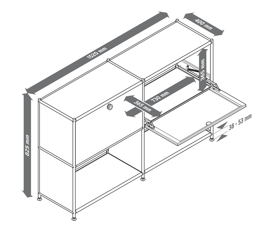 Schéma d'un buffet en métal avec 2 abattants amovibles et dimensions.
