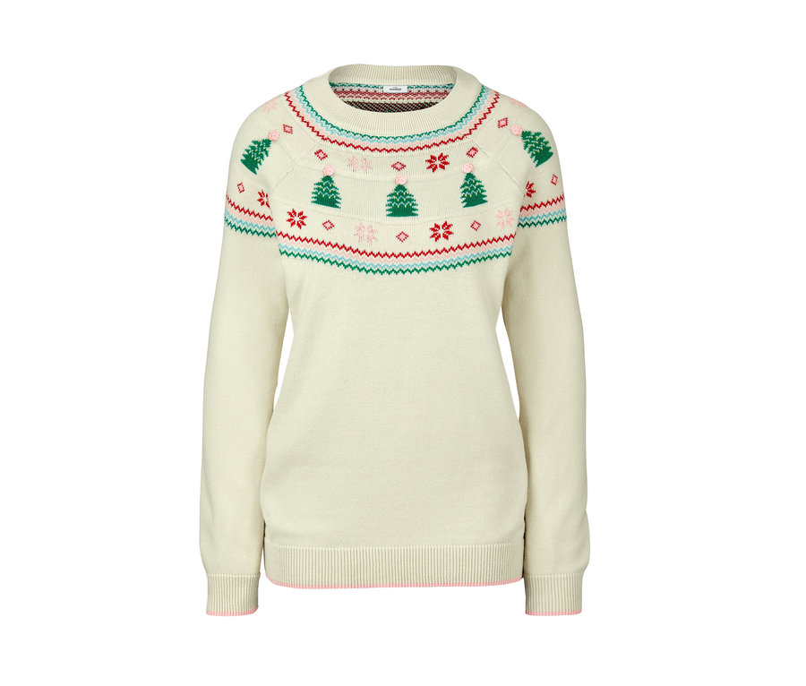Pull en maille blanc pour Noël avec des sapins de Noël et des flocons de neige.