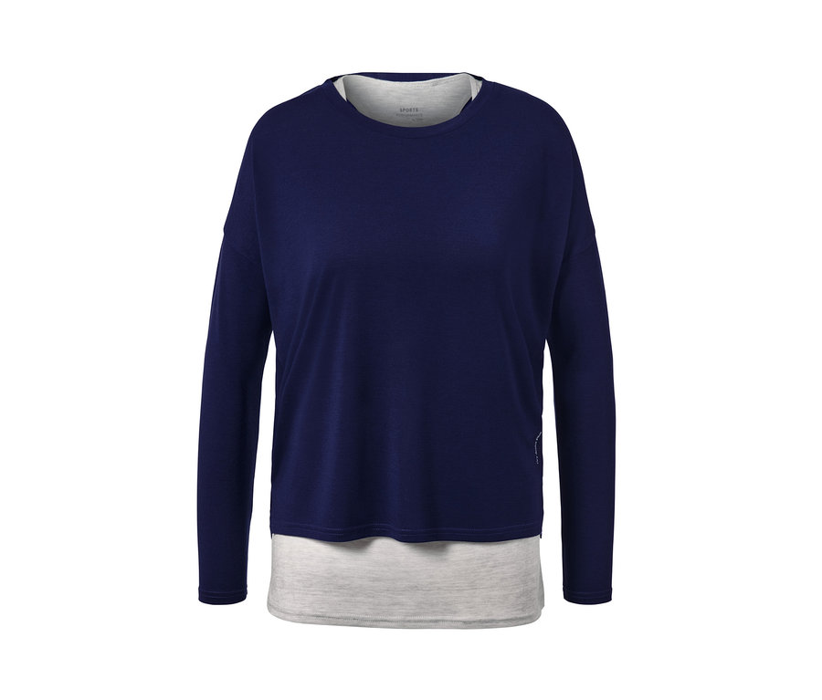 T-shirt de sport 2 en 1 bleu marine à manches longues avec empiècement gris.
