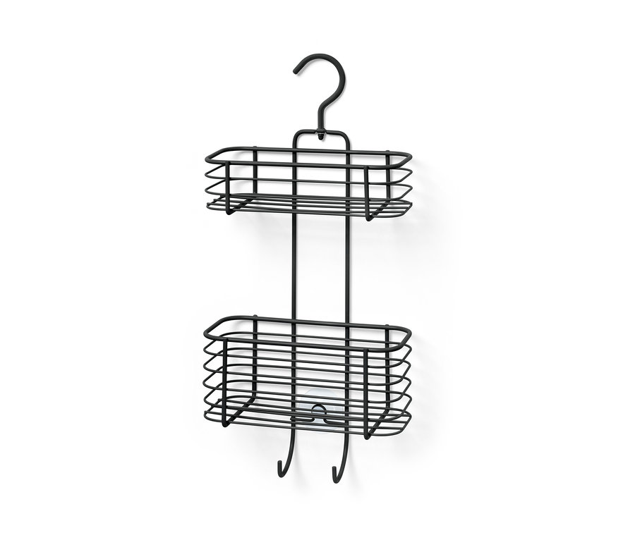 Étagère de douche à suspendre noire avec deux paniers.