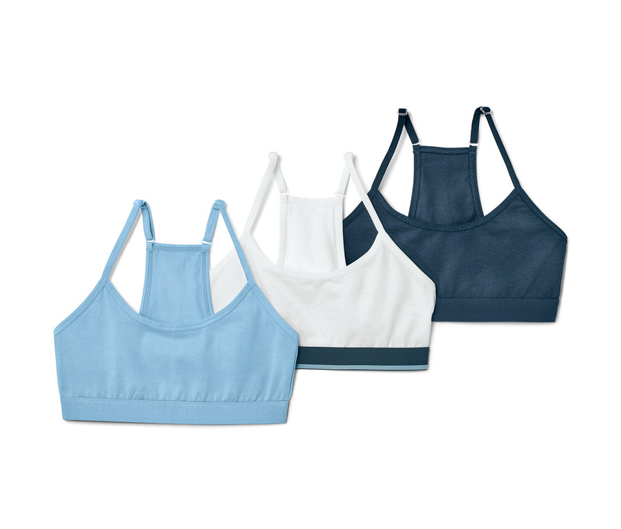 Trois brassières pour filles en bleu, blanc et bleu marine.