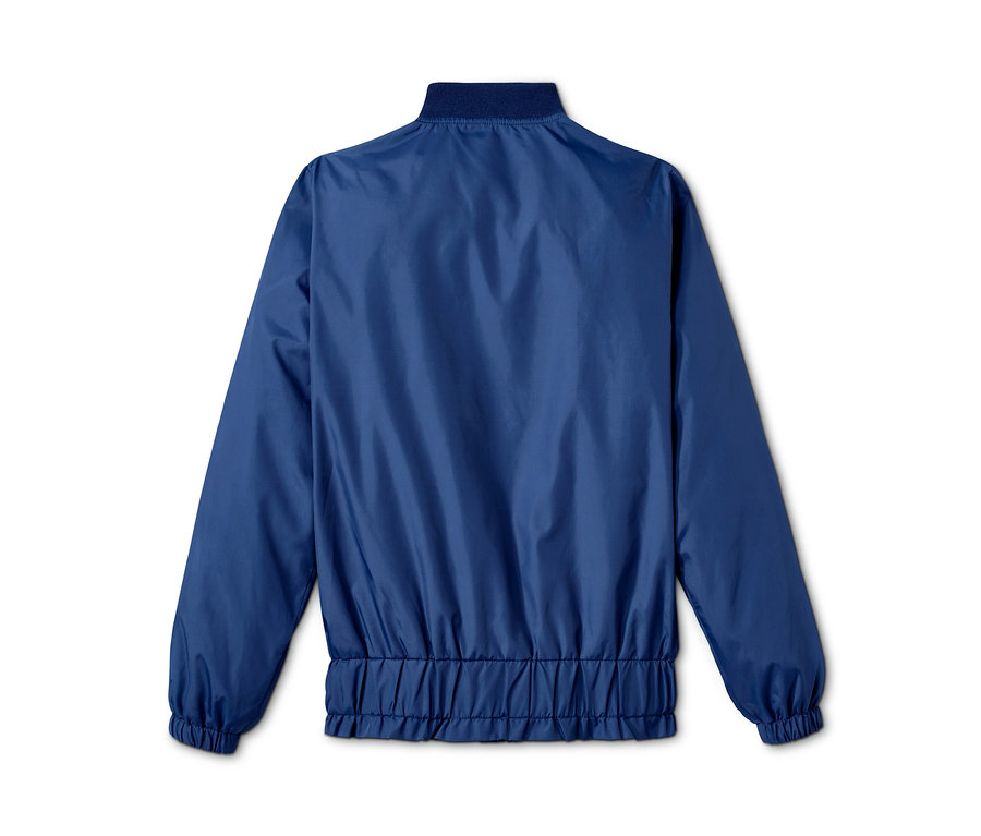 Vue arrière d'une veste style bomber recyclée bleue.