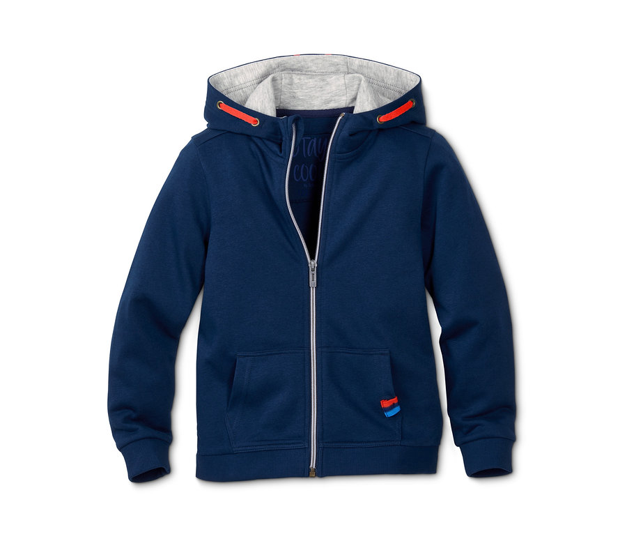 Veste molletonnée bleu marine avec fermeture éclair et capuche.