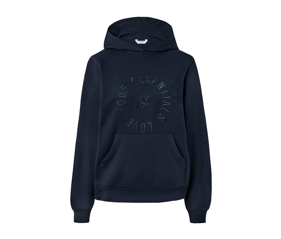 Sweat-shirt à capuche bleu foncé avec inscription.