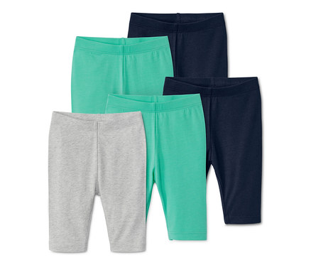 Cinq leggings, bleu, vert et gris.
