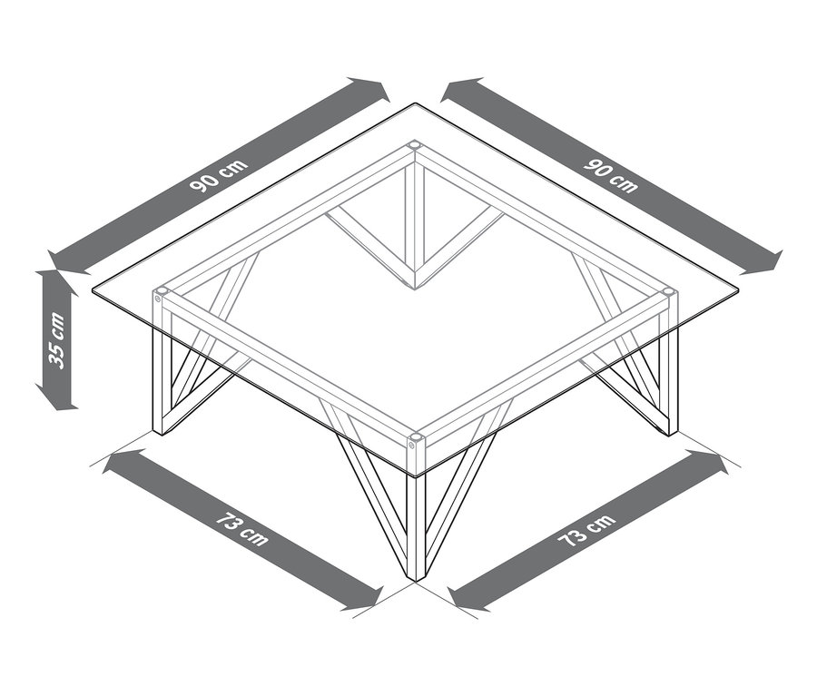 Dimensions de la table basse carrée avec plateau en verre : 90 cm x 90 cm, hauteur 35 cm.